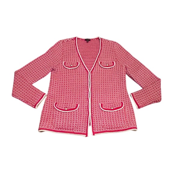 Talbots Tipped Tweed Sweater Jacket Medium Knit Blazer Red‎ White Pockets Medium - Picture 2 of 7
